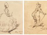 two drawings of a woman in a dress and a man in a top hat