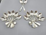 two silver spoons and spoon spoons with leaves on them