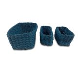 three pieces of blue woven baskets sitting on top of each other