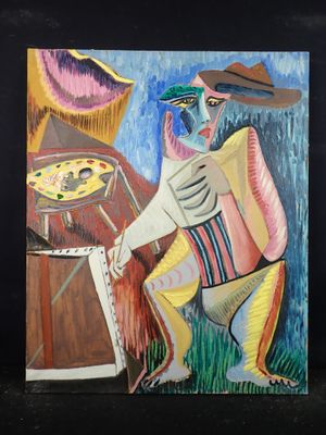 un tableau représentant un homme avec un chapeau et une valise