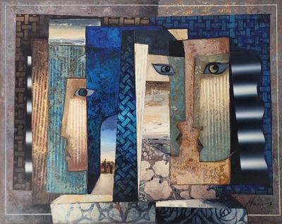 Collage abstrait réalisé à partir de techniques mixtes, représentant le visage d'une femme dans des tons bleus et marron