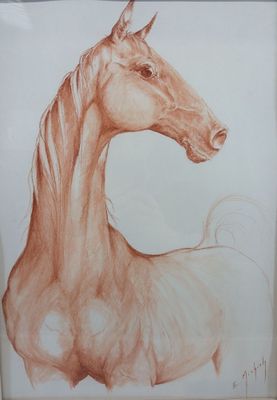 tableau représentant un cheval, encadré, sur fond blanc