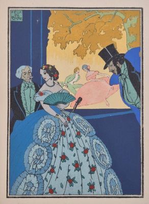 une image représentant un tableau où figurent une femme en robe bleue et un homme portant un haut-de-forme