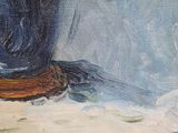 an oil painting of a person standing on a beach holding a surfboard