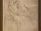 an old drawing of a woman sitting in a chair