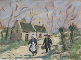 tableau représentant deux femmes marchant sur un chemin de terre, avec une maison en arrière-plan