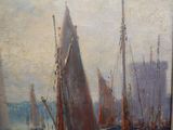 a painting of boats in a harbor with buildings in the background