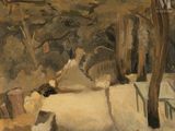 painting of a woman sitting on a bench in a snowy park