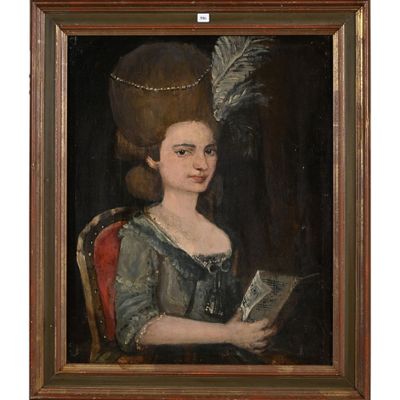 portrait d'une dame coiffée d'un chapeau à plumes et tenant un livre