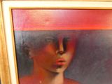 tableau représentant une femme coiffée d'un chapeau rouge, dans un cadre doré