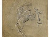 une image représentant une plaque en bronze sur laquelle figurent un cheval et un homme à cheval