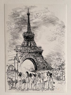 dessin représentant un groupe de personnes debout devant la tour Eiffel