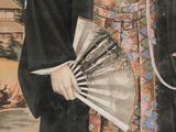 painting of a man in a black robe holding a fan and a fan