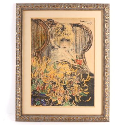 une image représentant un tableau où l'on voit une femme assise sur une chaise avec un bouquet de fleurs