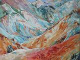 painting of a mountain range with a few snow capped peaks