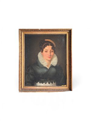 un vieux tableau représentant une femme en robe noire à col blanc