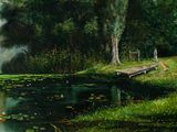 a painting of a pond and a bridge in the middle of it