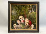 tableau représentant un groupe de personnes dans une forêt, entourées de crânes