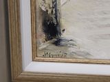 a picture of a painting of a man and a dog on the street