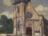 tableau représentant une église devant laquelle passent des gens