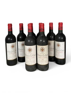 six bouteilles de vin sont alignées sur une surface blanche