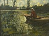 un tableau représentant un homme assis dans un bateau sur l'eau