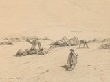 drawing of a man standing in a desert with camels and tents in the background