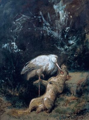 painting of a white stork and a dead fox in a wooded setting