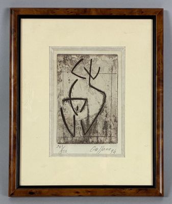 a black and white drawing of an abstract figure in a wooden frame