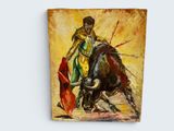 une peinture représentant un taureau et un homme sur un taureau