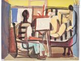 une peinture représentant une femme assise sur une chaise devant une planche à dessin