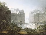 tableau représentant une vue de ville avec une cascade au premier plan