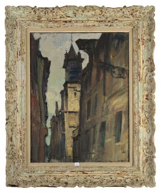 an image of a painting of a city street with a clock tower in the background