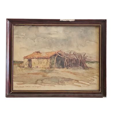 une peinture à l'huile représentant une maison dans le désert avec un toit rouge