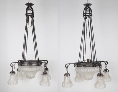 pair of art deco glass chandeliers