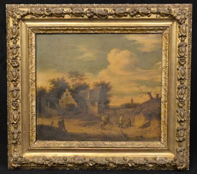 a painting of a village scene with a man and a dog in the foreground