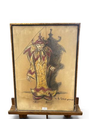 an old picture of a clown with a sword on a stand