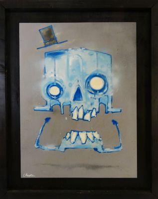 a picture of a painting of a skull with a top hat on
