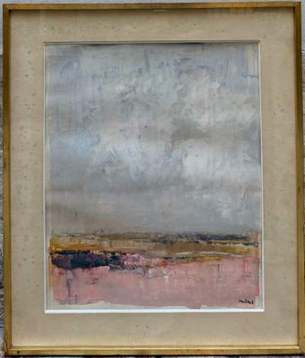 tableau représentant un paysage, dans un cadre doré, accroché à un mur de pierre