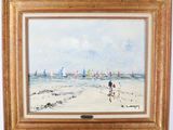 an oil painting of people on the beach with sailboats in the background