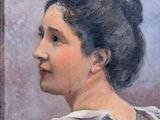 painting of a woman in a white dress with a bun on her head
