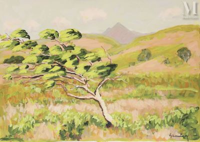 une peinture à l'huile représentant un arbre dans un champ, avec des montagnes en arrière-plan