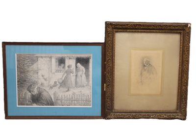 two framed pictures of a man and a woman sitting on a bench