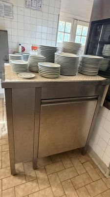 many plates stacked on top of a counter in a kitchen