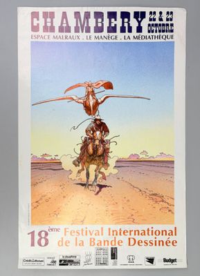 an image of a poster of a man riding a horse in the desert