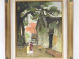 une image représentant un tableau où l'on voit une femme et un enfant devant une maison
