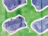 a painting of blue and green shapes on a green background