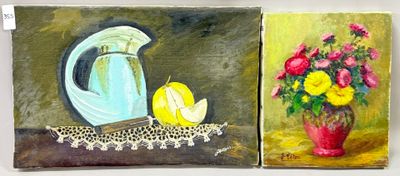 painting of a vase of flowers and a pitcher of lemons on a table