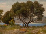 painting of a couple of trees in a field next to a body of water