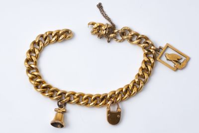 a close up of a gold chain bracelet with charms on it